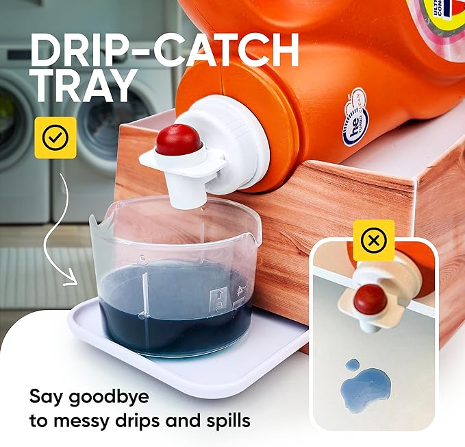 Skywin TidyFriend No-Spill Wood Liquid Laundry Detergent Dispenser Holder, Laundry Soap Dispenser Holder with Drip Tray for Laundry Room Organization
