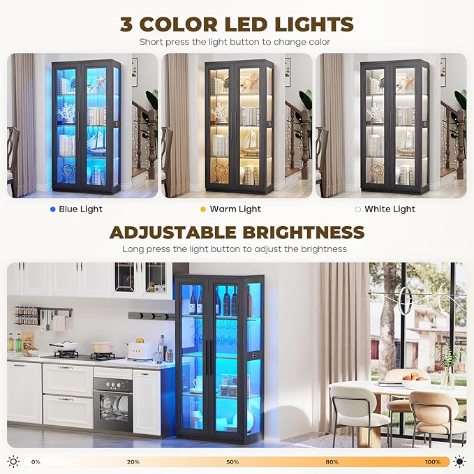 Curio Cabinet with Glass Doors, Bookcase with 4 Shelves, Display Cabinets for Collectibles, China Cabinet with 3 Color LED Lights and Human Body Sensing, Buffer Hinge, Black