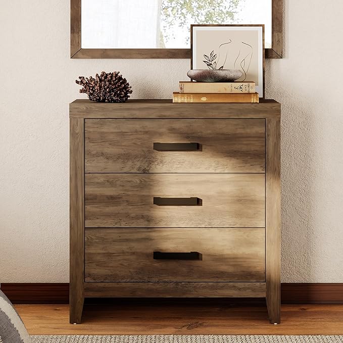 WAMPAT Farmhouse 3 Drawer Nightstand Set of 2, Large Wood Bedside Tables, 32" Wide End Tables with Storage for Living Room, Bedroom, Hallway, Brown