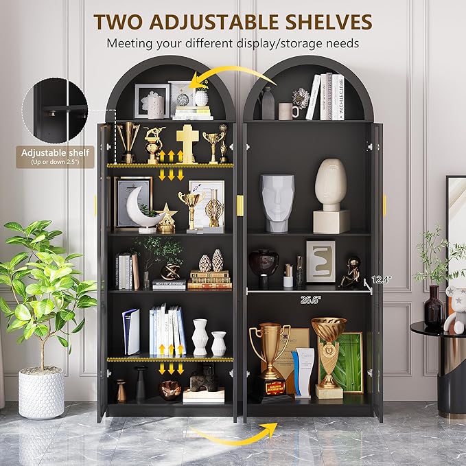 Arch Display Cabinet with Doors and Adjustable Shelves, 76" Tall Curio Cabinet with LED Lights/Storage Space, 6 Tier Display Case Bookcase for Collectibles Bedroom Living Room Office, Black