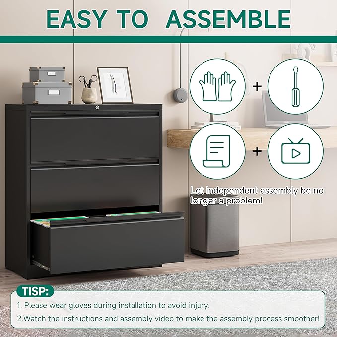 Filing Cabinet with Lock,Lateral File Cabinets 3 Drawer Metal Wide Filing Organization,Home Office School Furniture for Hanging Files Letter/Legal/F4/A4 Size,Black - Assembly Required