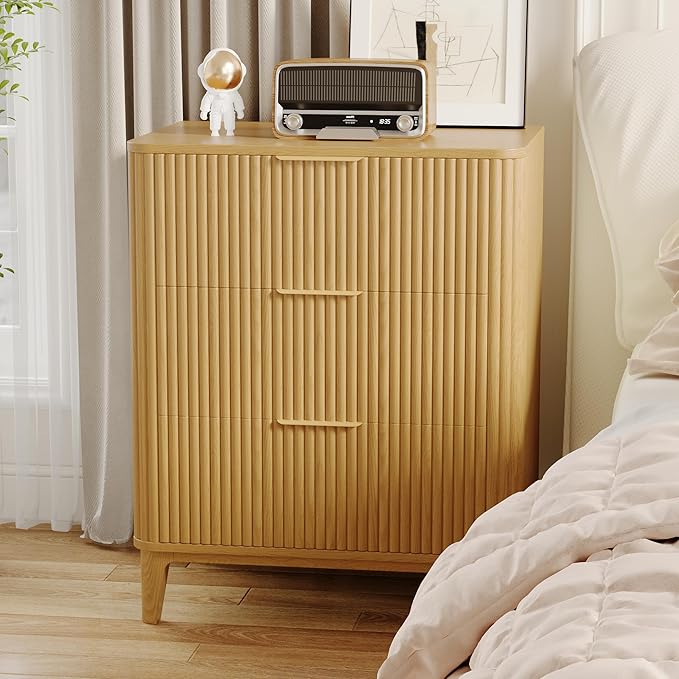 3 Drawer Fluted Dresser for Bedroom Set of 2, Modern Curved Closet Dressers Chest of Drawers, 23.6" Rustic Wood Nightstand 3-Drawer Dresser Bedside Table, End Table with 3 Large Drawers Natural