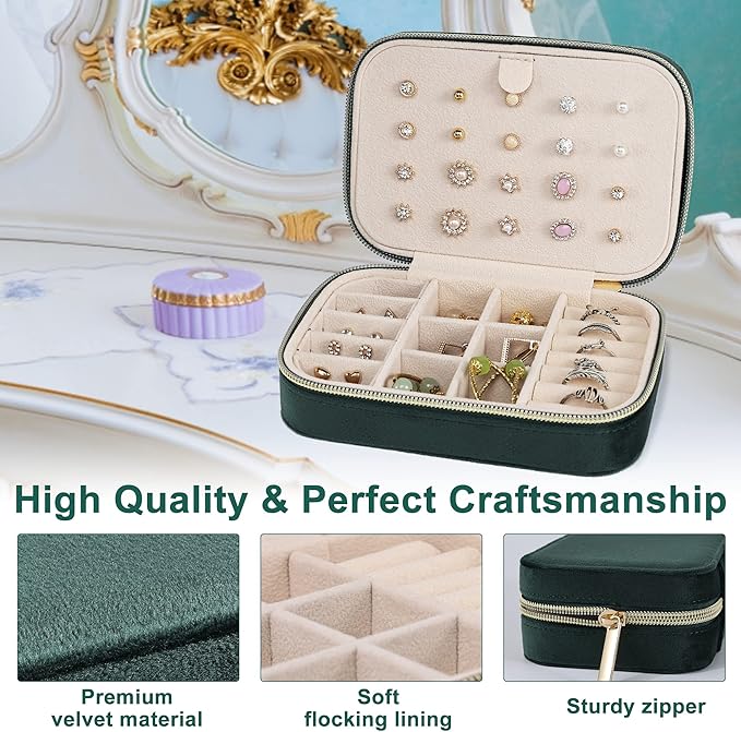 Dajasan Velvet Travel Jewelry Box, Mini Travel Jewelry Case, Small Portable Travel Jewelry Organizer for Women Girls (Green)