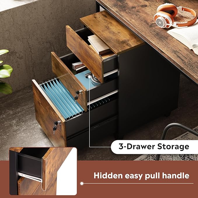 DEVAISE 3 Drawer Rolling File Cabinet with Lock, Wood Under Desk Filing Cabinet fits Letter/Legal/A4 Size for Home Office, Rustic Brown