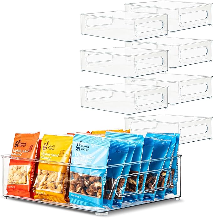 primebox Plastic Food Storage 8 Pack Clear Container Bin with Handles for Organizing Kitchen, Pantry, Refrigerator, Freezer, Pantry, Cabinet, Closet, Bathroom. Stackable 10”x8”x3”