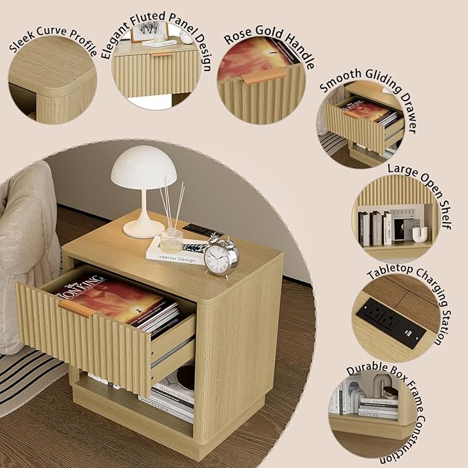 Fluted Nightstand with Charging Station Modern Bedside Table with Drawer and Open Shelf Mid Century End Table with Storage for Bedroom Living Room Sofa Office