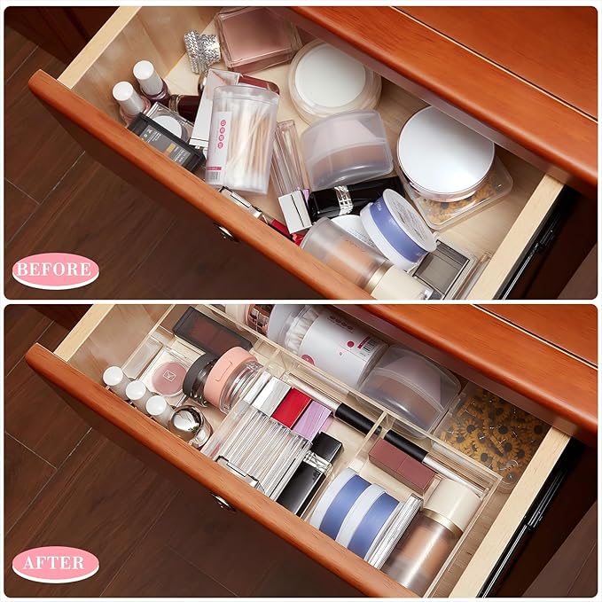 Chunful Clear Drawer Organizer 2 Pieces 6 Section Clear Desk Organizer with Dividers 3 Section Acrylic Makeup Tray Divided Drawer Inserts Sectioned Tray Makeup Storage