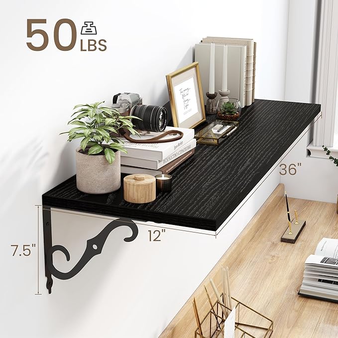 36 Inches Floating Shelves, Rustic Long Wall Shelves, 12 Inch Deep Book Shelf Wall Mounted with Bracket, Wide Display & Storage Shelves for Living Room, Bathroom, Bedroom, Black, Set of 2