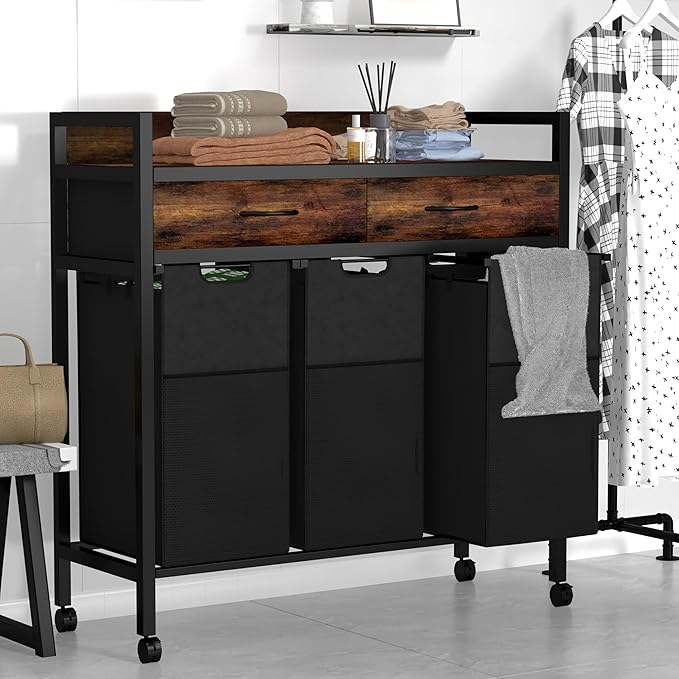 Laundry Sorter 3 Section,144L Hamper with Non-Woven Drawers,360° Rolling Laundry Basket,Pull-Out and Removable Oxford Fabric Laundry Bags,Rustic Brown and Black