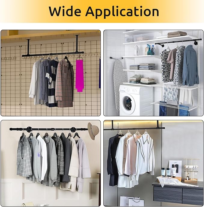 36 inch Industrial Pipe Clothes Rack Wall Mount For Hanging Rod Bar for Laundry Room Up to Max Load 135Lb Black