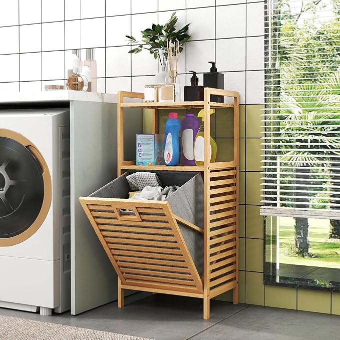 GOFLAME Tilt-out Laundry Hamper with 2-Tier Shelves, Bamboo Laundry Baskets Organizer with Removable & Foldable Fabric Liner, Bathroom Storage Shelf Cabinet for Laundry Room, Bedroom