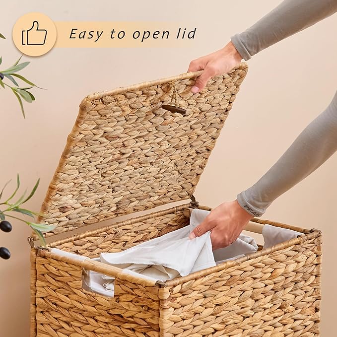 Large Laundry Hamper with Lid, Handwoven Hyacinth Rattan Clothes Hamper with Removable Liner Bag, Heightened Feet Wicker Laundry Basket for Bathroom, Bedroom, Living Room and Laundry