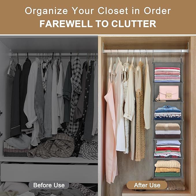 Libeder 6-Shelf Hanging Organizer with Drawers, Closet Hanging Organizers and Storage Shelves with 6 Side Pockets,Hanging Shelves for Clothes, Underwear, Nursery, Closet, RV(Grey)