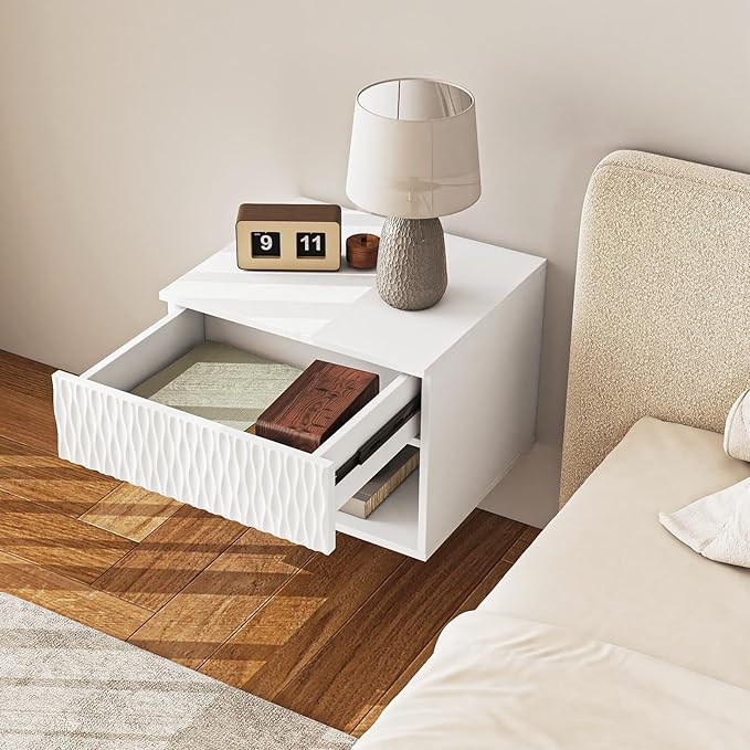 Vibe & Dine Floating Nightstand Set of 2, Wall Mounted Night Stand with Wavy Pattern Design, Modern Bedside Tables with Drawers for Bedroom, Easy Assembly, White