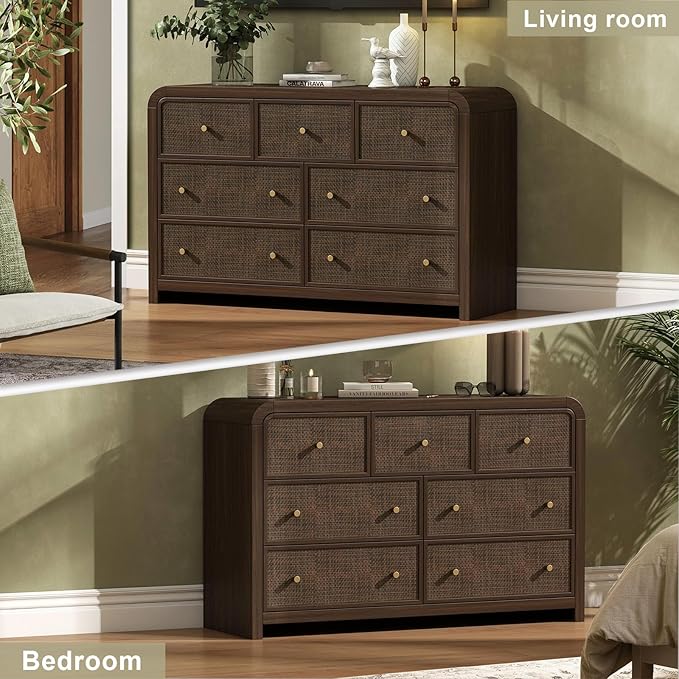 Oak&Sparrow 7 Drawer Dresser for Bedroom, 49'' Rattan Dresser with Ample Storage, Boho Chest of Drawers, Thickened Curved Profile Design, Dark Walnut Dressers for Bedroom, Living Room