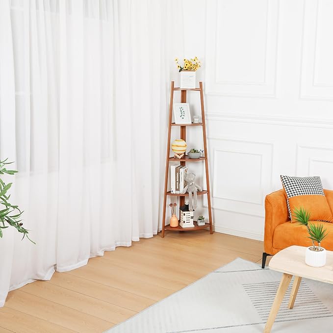 5-Tier Corner Shelf Stand, Tall Wood Shelf, Bookshelf for Living Room, Bedroom, Office, Plant Display, Rustic Brown Freestanding Triangle Storage Rack