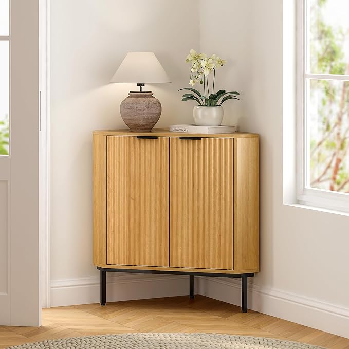 Fluted Corner Cabinet, Modern Small Corner Floor Cabinet with 2 Doors and 2-Tier Shelves, Freestanding Narrow Organizer for Living Room Kitchen Bathroom, Natural Oak