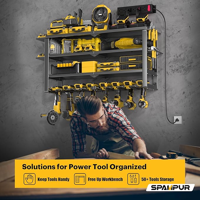Heavy Duty 4-Tier Power Tool Organizer Wall Mount Rack, Quick Assembly Tool Wall Organizer with 8 Drill Holders & Charging Station, for Garage Workshop Shed Organization - 4 Shelves 8 Slots