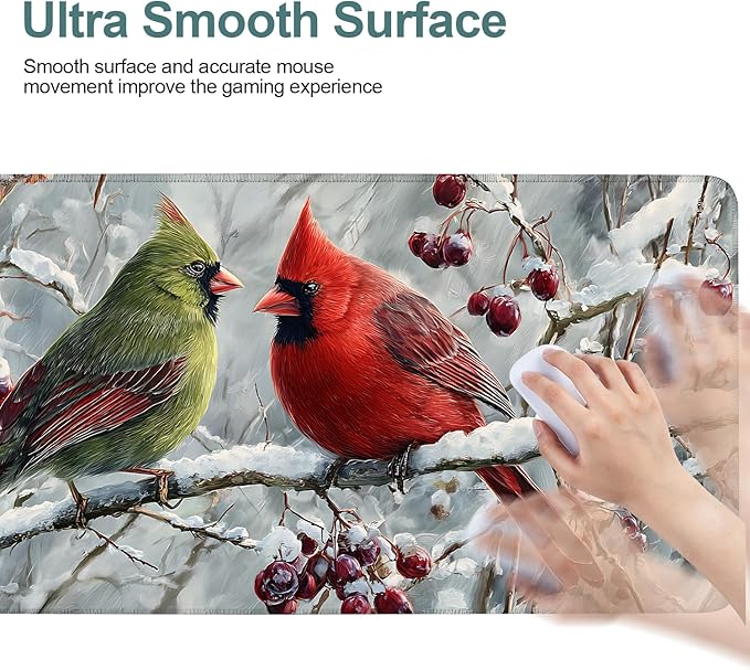 Winter Cardinal Bird Gaming Mouse Pad 35.4"x15.7"Desk Mat Anti-Slip Rubber Base & Durable Stitched Edges for Gamers Smooth Mouse Writing Surface for Desk Office/Home