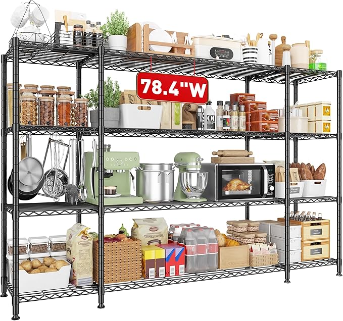REIBII 78.4''W Garage Shelving Wire Shelving Unit Load 1500LBS,4 Tier Metal Shelving with Adjustable Metal Shelf Storage Shelves for Pantry Shelves Commercial Shelf Kitchen Garage 11.8''Dx59''H
