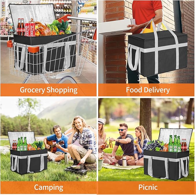 XXXL 2 Pack Insulated Food Delivery Bag with Removable Hard Bottom, Reusable Insulated Grocery Bag for Hot and Cold Food, Catering Cooler for Doordash,Warmers, Parties (Black)