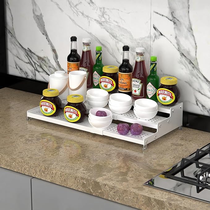 Spice Rack Organizer for Cabinet, 3 Tier Expandable shelf, Great for Kitchen Cabinets, Cupboard,Pantry and more,Metal plate with hole (1 Pack/White,9.45" D x 12.8"~24“L x 3.56" H)