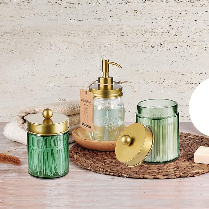Amolliar Sage Green Qtip Holder, Glass Apothecary Jar Metal Lid & Stickers, Bathroom Qtip Holder Storage Canister, Farmhouse Decor for Cotton Balls, Swabs, Round Pads, Bath Salt, Floss, Gold 2 Pack