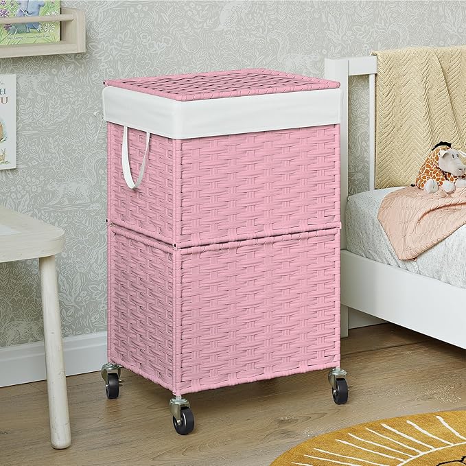 Chrislley 90L Slim Laundry Hamper with Wheels, Rolling Laundry Basket with Lid and Renovable Liner Bag, Handwoven Rattan Organizer for bedroom, bathroom, laundry room (Pink)