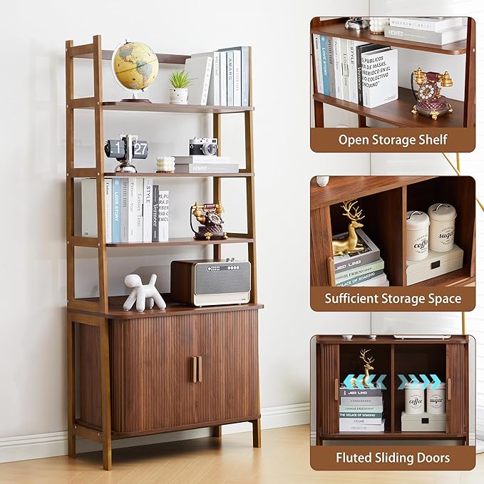 4-Tier Bookshelf, Tall Bookcase with Open Shelf and Sliding Door, 70” Freestanding Storage Organizer Display Cabinet for Living Room, Home Office (Walnut)