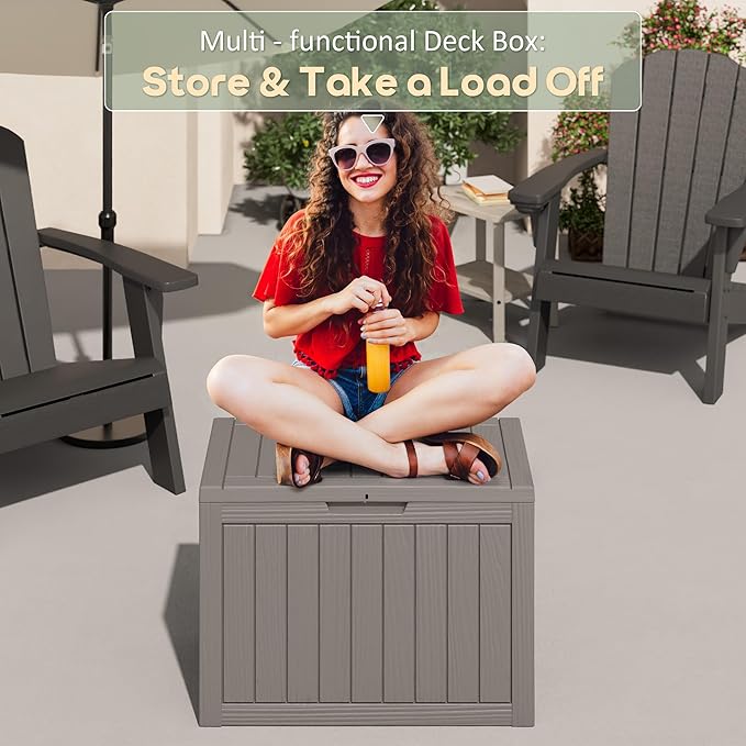 NUNU LAB Outdoor Storage Box, 45 Gallon Outside Deck Box Waterproof, Resin Outdoor Storage Cabinet With Lockable Lid, Backyard Storage Bench For Garden Tools, Patio Cushions, Pool Tools, Gray