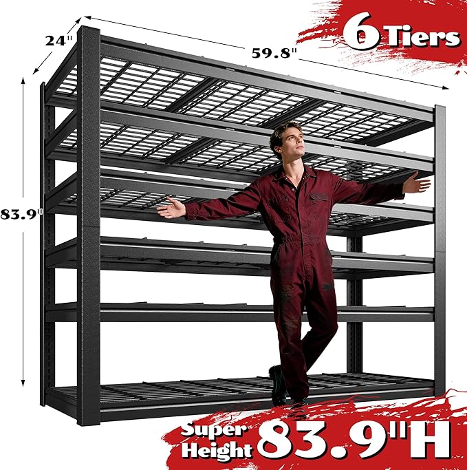 59.8" W Metal Shelving 6 Tier Garage Shelving 3750LBS Storage Shelves Adjustable Garage Shelves Industrial Metal Shelf for Basement Warehouse Shop Supermarket 59.8" W x 24" D x 83.9" H