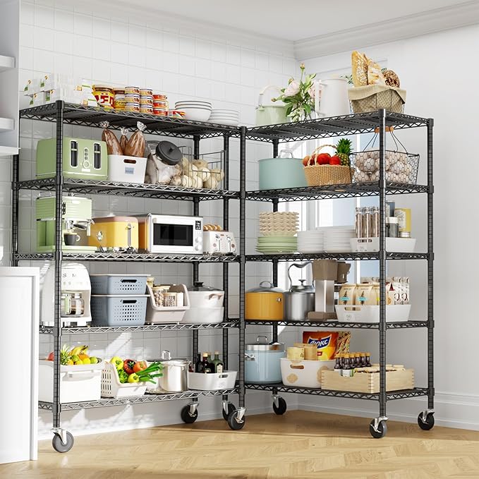 Storage Shelves Heavy Duty with Wheels,45"W x 20"D x 72"H Garage Wire Shelving Unit Loads 2000LBS,5-tier Adjustable Metal Industrial Utility Shelf Rack for Kitchen,Laundry,Pantry,Warehouse,Basement