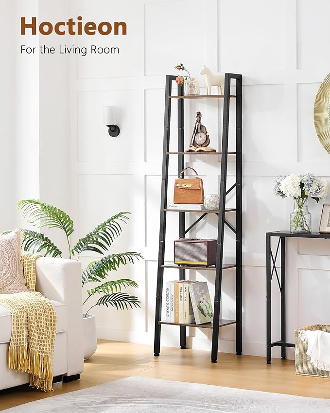 Hoctieon 5-Tier Industrial Ladder Bookshelf, Narrow Ladder Shelf, Tall Standing Bookshelf, Skinny Open Ladder Shelf, for Living Room, Home Office, Kitchen, Bedroom, Metal Frame, Greige