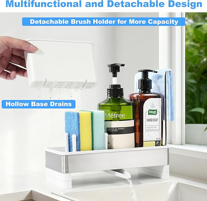 Kitchen Sink Caddy Organizer with Dish Brush Holder, Stainless Steel Sponge Holder with Dish Cloth Rack, Soap Sponge Caddy for Kitchen Countertop Sink Organizer and Storage Essentials