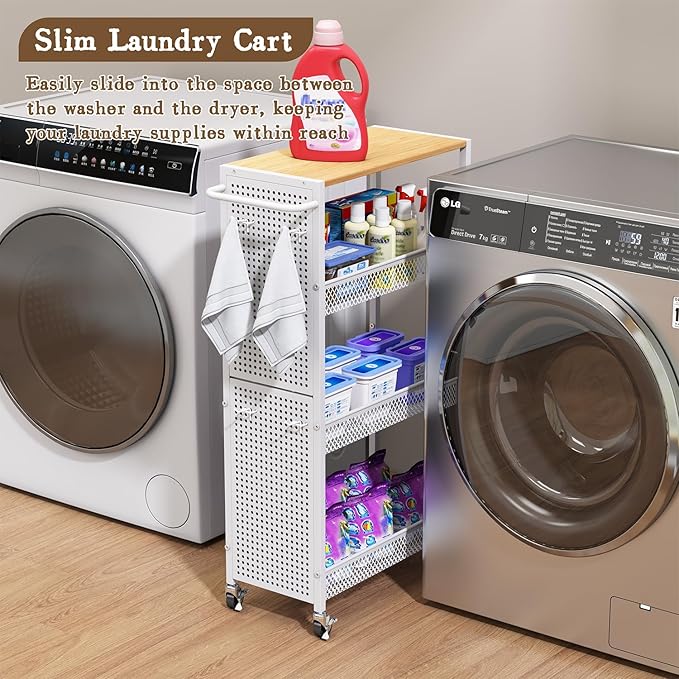 Utility Slim Storage Cart 4 Tier Small Rolling Kitchen Laundry Room Organization Cart with Wood Top Metal Narrow Laundry Room Shelves Cabinet Unit Laundry Organizer Trolley with Handle for Small space