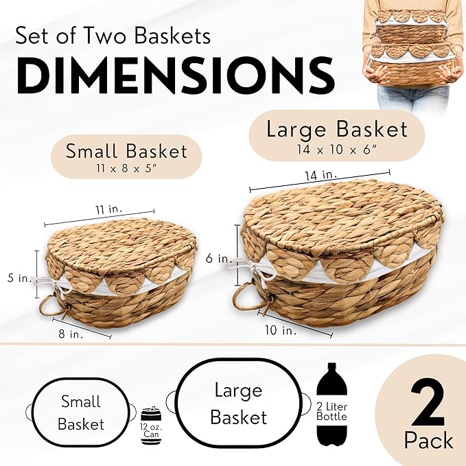 Set of 2 Round Wicker Baskets with Scalloped Lids, Handles, Removable Liners - Decorative Handwoven Water Hyacinth Baskets for Organization of Home, Kitchen, Closet, Pantry, Bathroom, Bread Basket