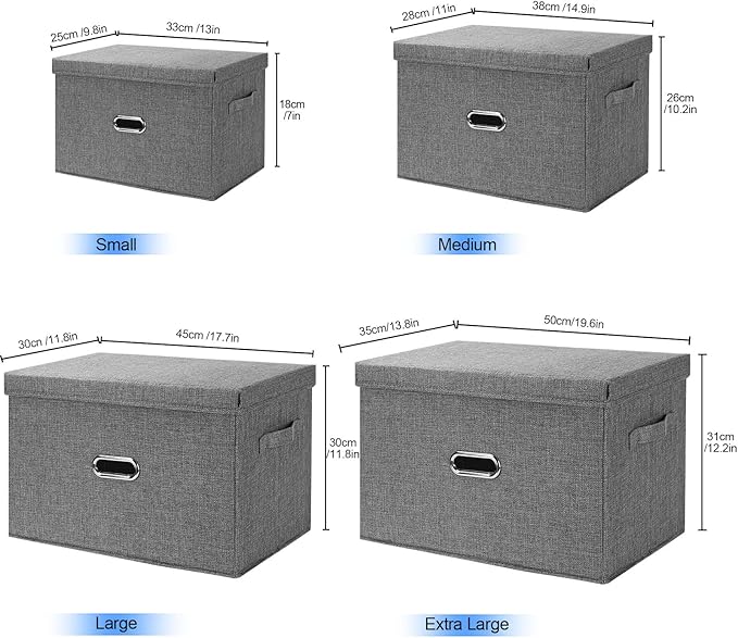 Large Linen Fabric Foldable Storage Bins with Removable Lid and Handles, Washable Storage Box Organizer Containers Baskets Cube with Cover for Bedroom,Office(Black, Medium)