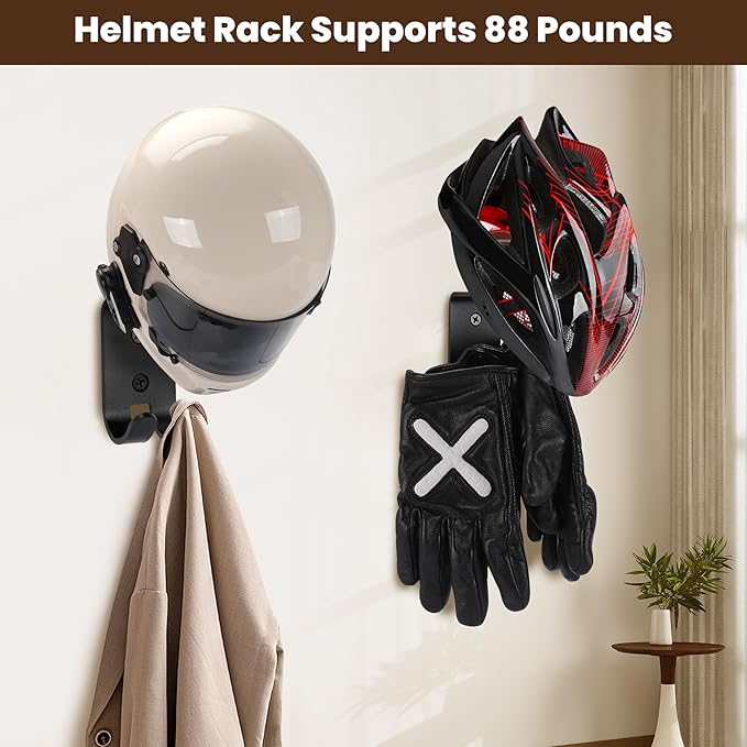 Motorcycle Helmet Holder Wall Mount - Solid Wood & Steel Gear Organizer Rack with 2 Hooks, Heavy Duty Display Hanger for Helmets, Football Gear, Ski Equipment, Hats, Jackets - 4 Pcs