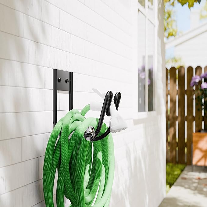 Black Metal Garden Hose Holder - Wall Mounted Water Hose Holder - Hose Hanger Heavy Duty for Water Hose Extension Cords Vacuum Hose (2 Pack)