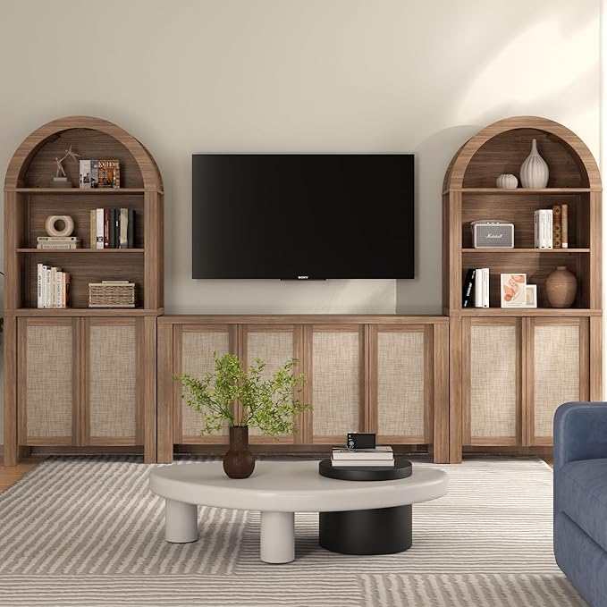 Yechen Arched Bookcase, 70.5" Tall Bookcase with Storage, Mid-Century Modern 5 Tier Bookshelves with Door, Boho Rattan Bookshelf for Living Room Kitchen Office Bedroom Library, Natural Walnut,3 PCS