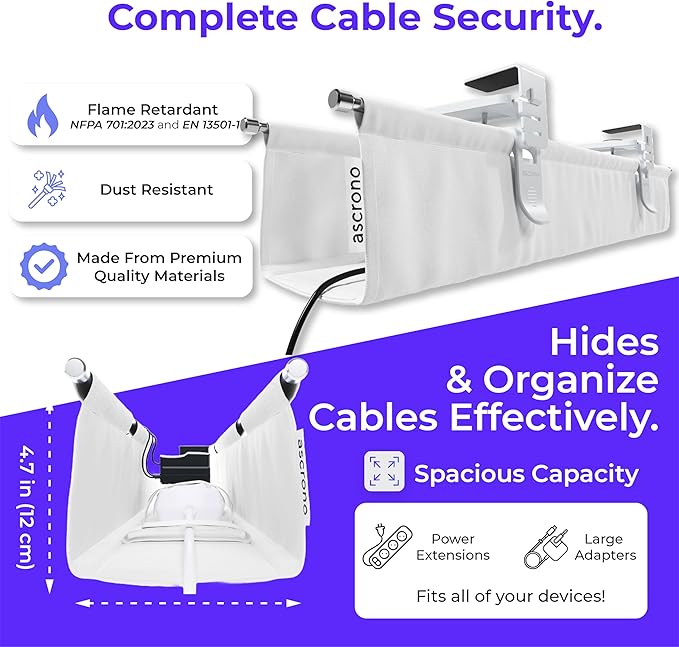 Ascrono Original No Drill Under Desk Cable Management Tray 14.1" - Premium White Fabric Cable Management Under Desk - Clamp/Screw Mount Cord Organizer - Supports Upto 66lbs