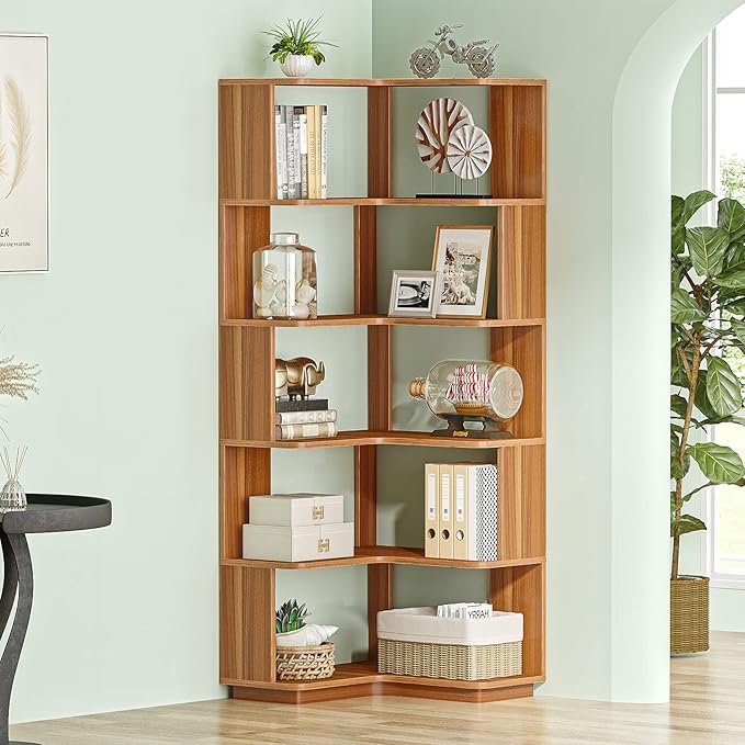Tribesigns 6 Tier Corner Bookshelf, 64.9 Inches Tall Industrial L Shaped Bookcase with Anti-Drop Panel, Freestanding Wood Grain Shelf Display Rack Storage Organizer for Home Office