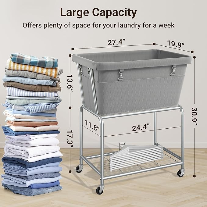 ELYKEN Laundry Cart with Wheels, Rolling Laundry Hamper with Removable Bag and Shelf, Metal Frame Laundry Basket with 4 Casters and 2 Brakes, Ideal for Bedroom, Bathroom, Laundry Room, Gray