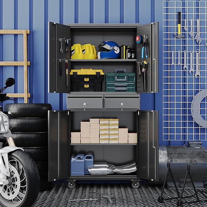 Aobabo Metal Garage Storage Cabinet with Wheels and 2 Locking Drawers, 71" H Steel Rolling Tool Cabinet with 8 Hooks and 2 Adjustable Shelves for, Home, Office, Assembly Required, Black