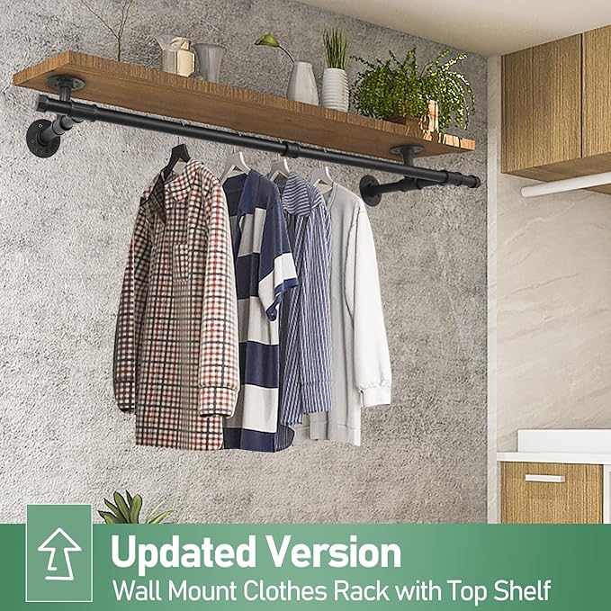 48'' Wall Mounted Clothes Rack Iron Industrial Pipe Clothes Rod with Top Shelf Pipe Rack (Wood Plank Not Included)