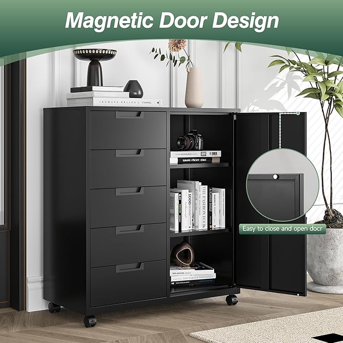 MIIIKO 5 Drawer Storage Cabinet with Door and Shelf, Mobile Lateral Cabinet on Wheels, Office Small Organizer Printer Stand, Black File Cabinets