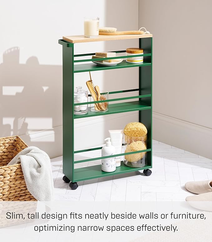 YAMAZAKI Home Slim Rolling Storage Cart – Narrow Kitchen Storage Cabinet with Handle, Slim Storage Cart with Wheels, Easy Assembly, Steel + Wood, Green