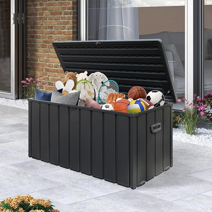Domi 120 Gallon Deck Box, Metal Outdoor Storage Box with Resin Lid Lock Wheels Side Handles, Waterproof Outside Storage Box for Patio Cushions, Shoes & Pool Tools