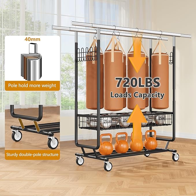 Heavy Duty Clothes Rack with Metal Basket, 720 LBS Rolling Double Rod Garment Rack, Portable Extendable Clothing Rack with Wheel for Bedroom, Laundry Room & Retail Store