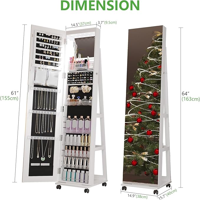 HNEBC 360° Swivel Mirrored Jewelry Armoire with 6 LEDS, Full Length Mirror with Jewelry Storage, Lockable Floor Standing Mirror with 4 Lockable Wheels for Cloakroom, Bedroom(White)